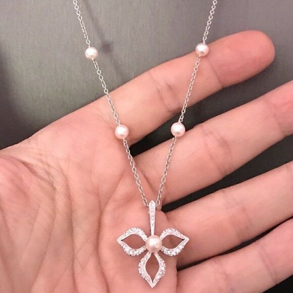 Diamond Akoya Pearl Necklace 14k Gold 5.75 mm 18.5" Certified $3,950 818062 - Picture 1 of 12